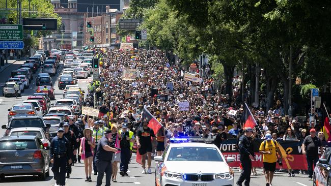 Millions of Australians participate in marches and rallies in support of First Nations Australians on the national holiday. Picture: NCA NewsWire / Brendan Read