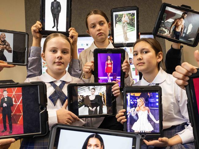 June 4, 2024: Concordia College students Audrey 11, Emmy 11 and Felicity 11 have done the Media Smart course about body image. Picture: Kelly Barnes