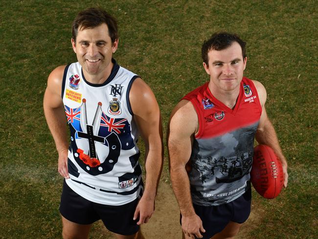 Noarlunga’s Tom Caudle and former Flagstaff Hill captain Michael Shearer pictured last year ahead of the 2018 Anzac Day round, grand final rematch. Picture: AAP/ Keryn Stevens