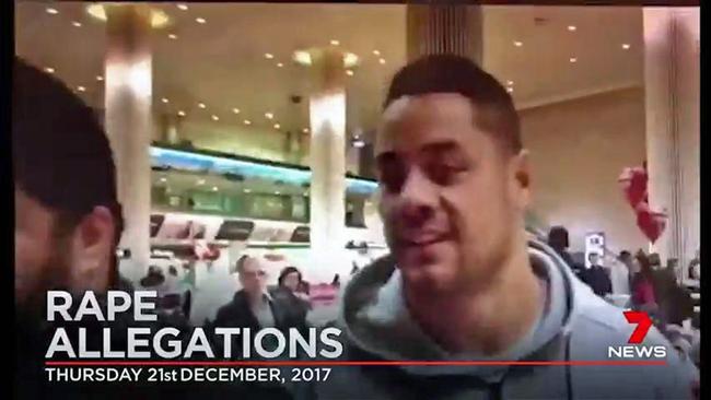 Jarryd Hayne pictured at Tel Aviv Airport after fleeing Sydney following accusations he raped a woman in 2015. Picture: Seven News