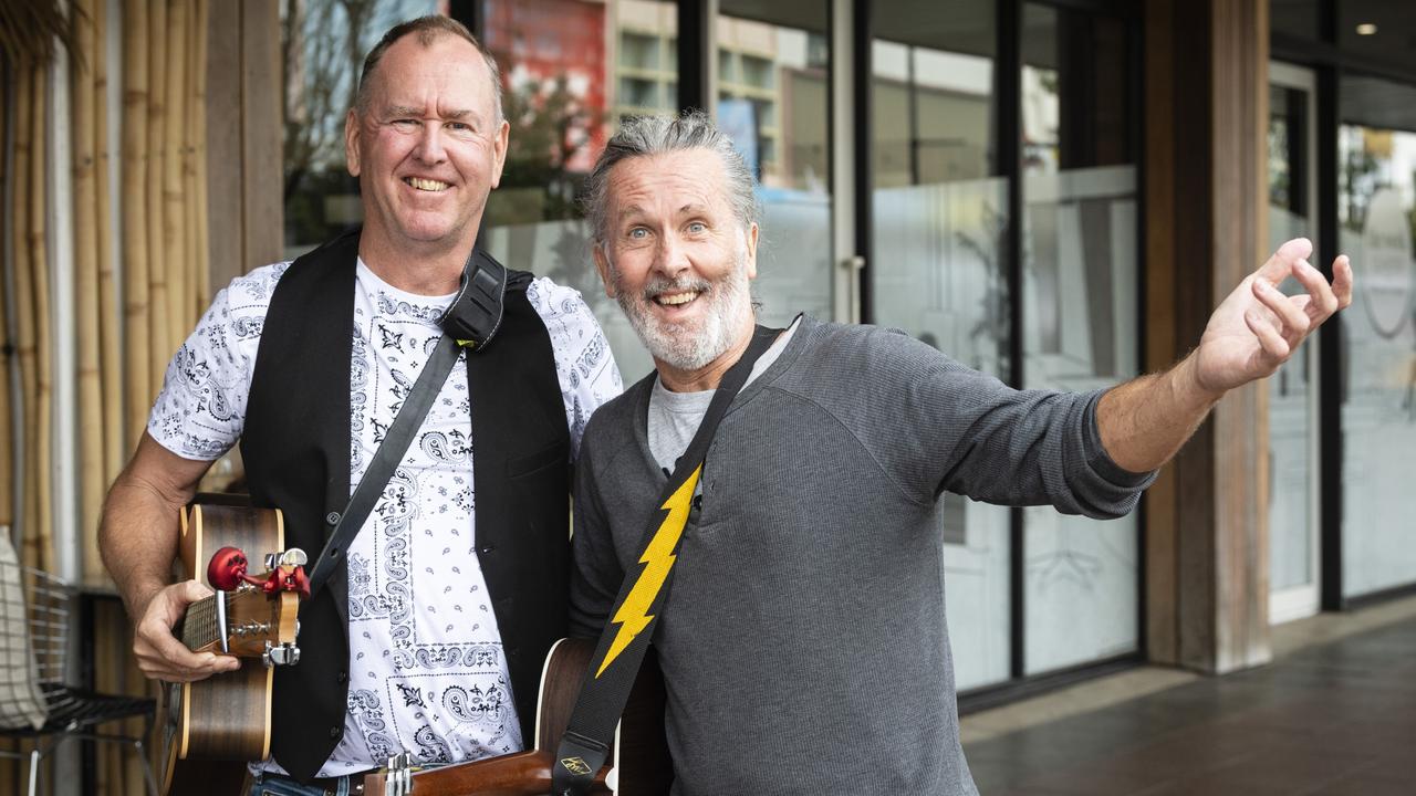 Ready to perform as 2PZ are Paul Keenan (left) and Paul Ryan at the Toowoomba Busking Festival, Saturday, April 29, 2023. Picture: Kevin Farmer