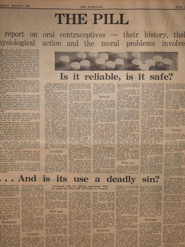 A full page report on the contraceptive pill that ran on Page 9 of the Monday, August 3, 1964 edition of The Australian.