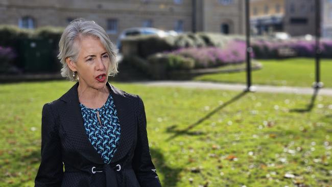 Tasmanian Greens leader Rosalie Woodruff speaks to the media on Parliament Lawns in Hobart on Tuesday June 18, 2024.