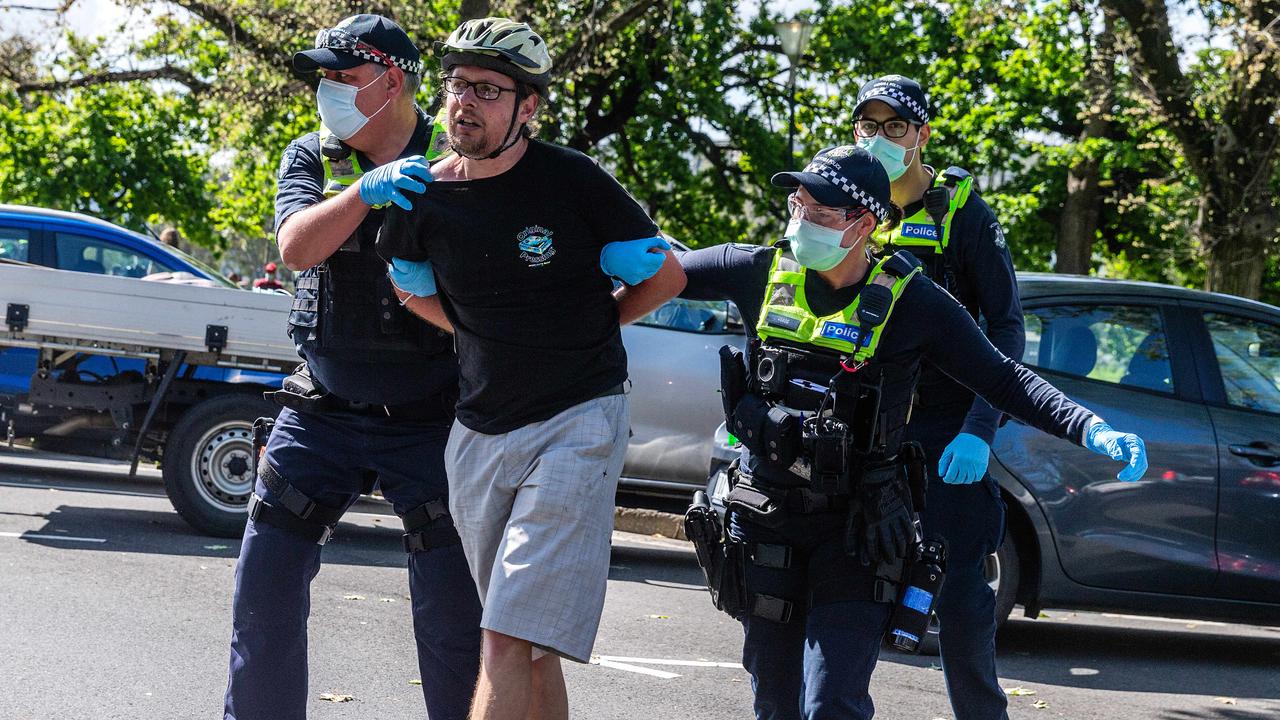 A man is handcuffed at a protest in Melbourne on Saturday. Picture: NCA NewsWire/Sarah Matray