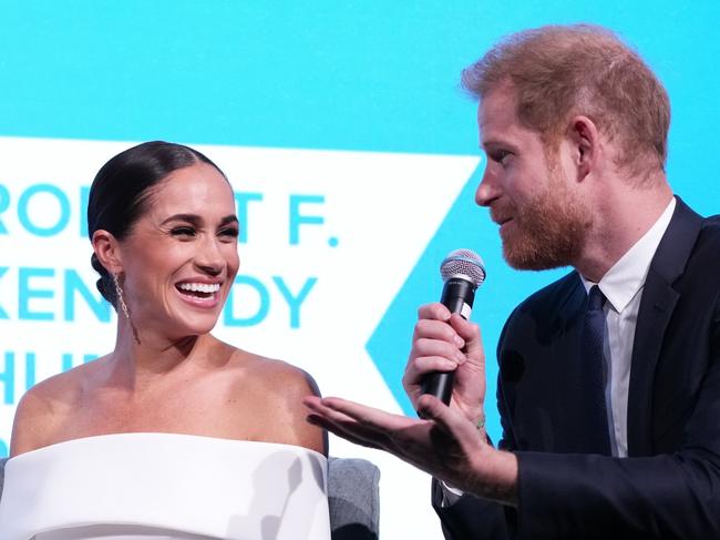 NEW YORK, NEW YORK - DECEMBER 06: Meghan, Duchess of Sussex and Prince Harry, Duke of Sussex speak onstage at the 2022 Robert F. Kennedy Human Rights Ripple of Hope Gala at New York Hilton on December 06, 2022 in New York City. (Photo by Kevin Mazur/Getty Images forÃÂ 2022 Robert F. Kennedy Human Rights Ripple of Hope Gala)