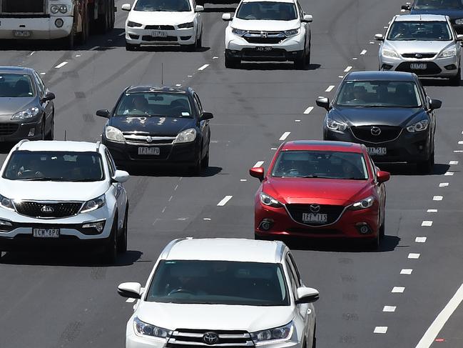 Traffic on the Westgate Freeway in the Altona area looking back to City.  Traffic congestion and roadworks for the tunnel. Picture: Josie Hayden