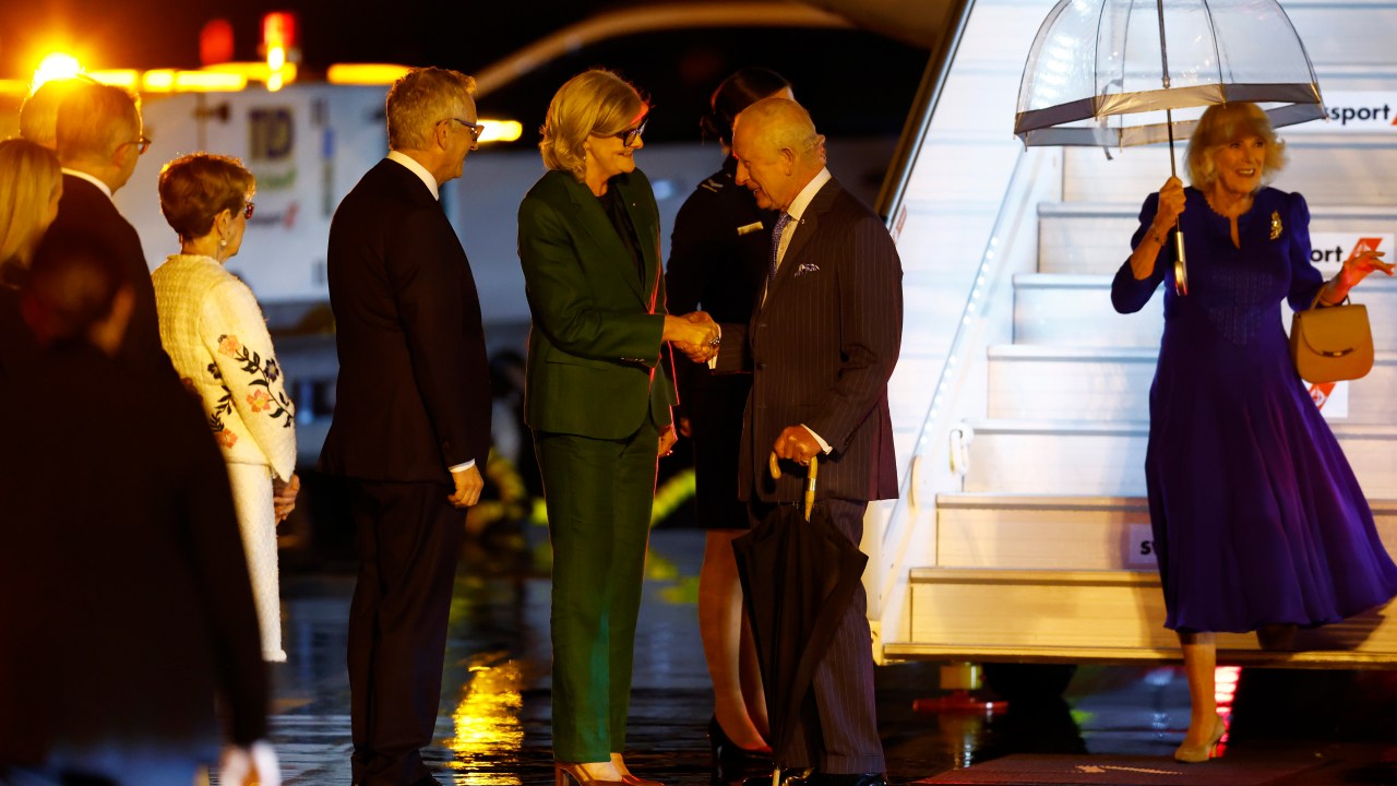 King Charles and Queen Camilla greet Governor-General Sam Mostyn at Sydney Airport. Picture: Jonathan Ng