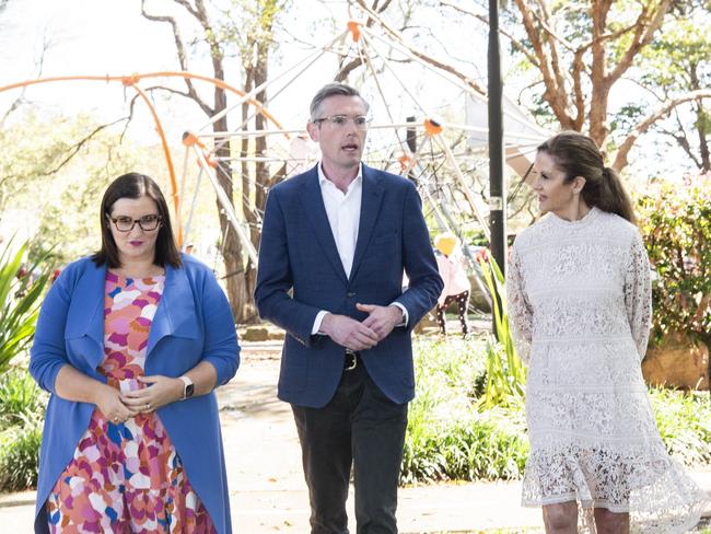 Minister for Education Sarah Mitchell, Premier Dominic Perrottet and Robyn Evans President of NSW Primary Principals Association. Picture: Monique Harmer