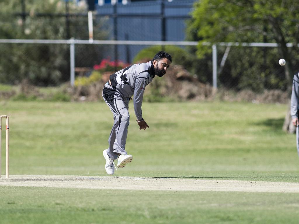 Angrej Singh bowls for Souths Magpies against Metropolitan-Easts in Toowoomba Cricket Reserve Grade One Day grand final at Captain Cook Reserve, Sunday, December 10, 2023. Picture: Kevin Farmer