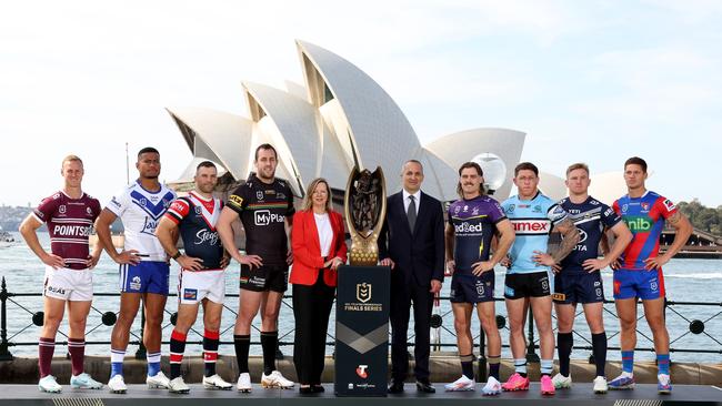 NRL chief executive Andrew Abdo with the team captains at the finals launch on Monday. Picture: Mark Metcalfe/Getty Images