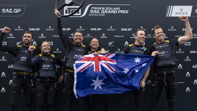 The Australia SailGP crew celebrating their win in New Zealand where they clearly outsailed their rivals. Picture: Brett Phibbs/SailGP.