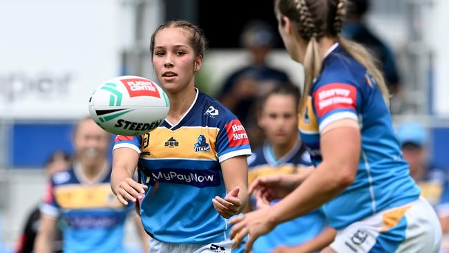 Jetaya Faifua passes the ball during the round four NRL match between the Gold Coast Titans and the Brisbane Broncos at Cbus Super Stadium, on March 19, 2022, in Gold Coast, Australia. (Photo by Bradley Kanaris/Getty Images)