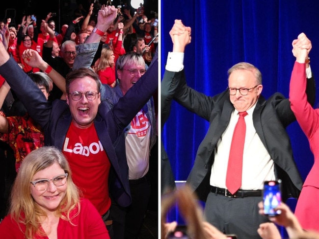 Wild scenes greeted Anthony Albanese as he claimed victory in front of Labor supporters on Saturday night. Picture: NewsWire