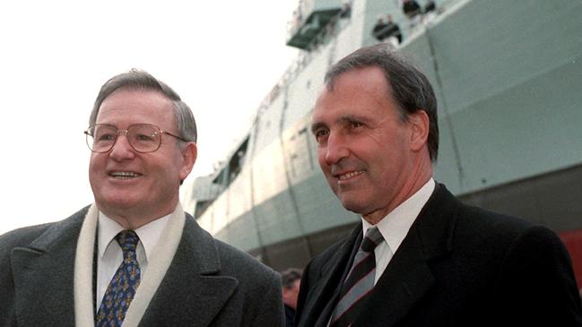 Jim Bolger and Paul Keating pictured at the launch of the frigate Te Kaha in Melbourne in 1995. Picture: Supplied