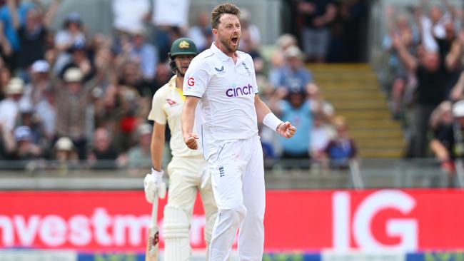 Ollie Robinson celebrates bowling Usman Khawaja during Day Three of the Ashes Test match. Picture: Getty Images.