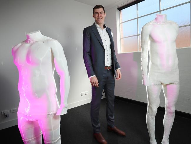 HOLD FOR THE HERALD SUN PIC DESK-----Mason Cox has tried first hand world-first 3D printing and scanning technology to have a suit custom tailored for his body. Created by two Aussie high school mates who grew tired of multiple fittings and ill-fitted suits, Tailors Mark is set to rid the industry of lengthy alterations and poorly fitted, expensive suits, getting the fit right the first time around.  Picture: Alex Coppel.