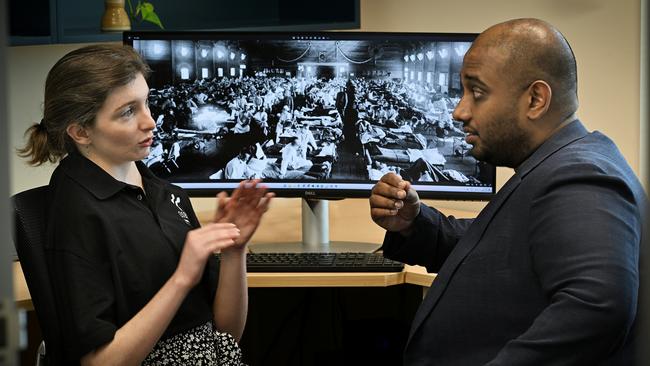 Arutha Kulasinghe (right, with research officer Meg Donovan, left) said current orthodoxy prescribed the team’s experiment should not be possible. “Running this experiment live, we’re seeing what a disease that is 100 years old did to people’s bodies, for the first time. It is incredible.”