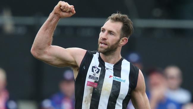 Travis Cloke celebrates one of his five goals against Port Melbourne in the VFL. Picture: David Crosling