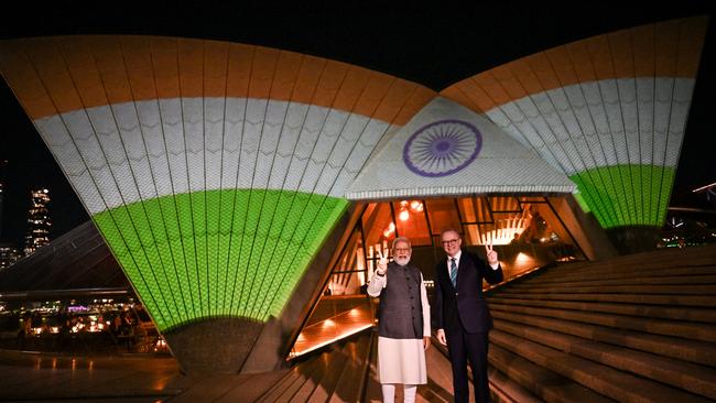 The Opera House was lit up in honour of the visiting Indian Prime Minister Narendra Modi with Anthony Albanese. (Photo by Dean Lewins-Pool/Getty Images)