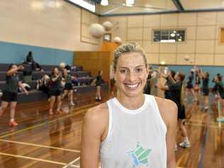 ON COURT: Queensland Firebirds defender Laura Geitz and her teammates conducted an All Stars Netball Clinic at St Ursula's College earlier this week. Picture: Kevin Farmer