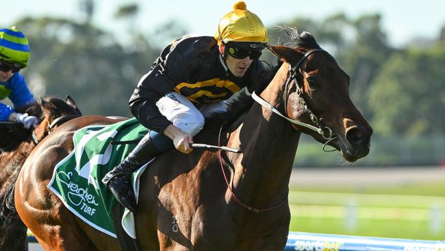 Ethan Brown riding Miss Roumbini to victory at Sandown. Picture: Vince Caligiuri/Getty Images