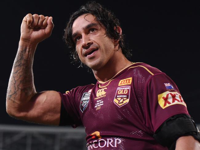 A jubilant Johnathan Thurston after the Maroons beat the Blues in game two.