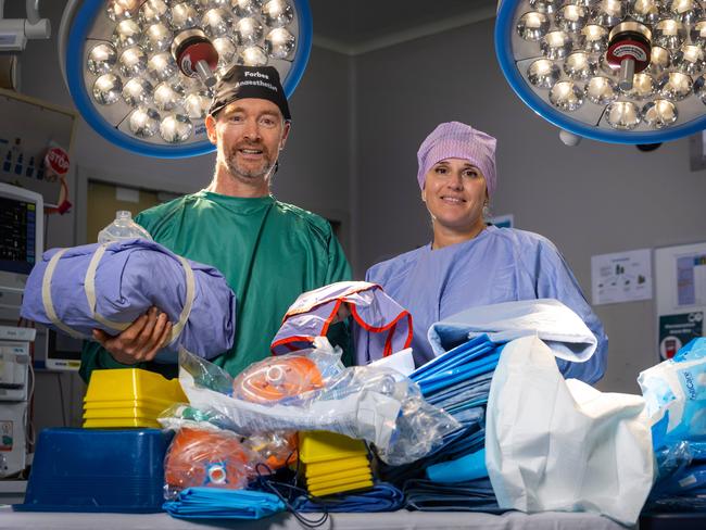 Anaesthetist Forbes McGain has received a $1m NHMRC grant dedicated to sustainable healthcare. He is with Footscray Hospital theatre equipment nurse Lumi Kacic. Picture: Mark Stewart