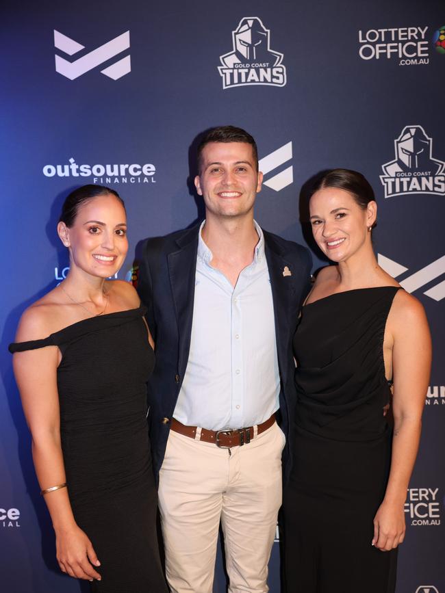 Steph Biddle, Brayden Busuttil and Rachel Lane at the Gold Coast Titans NRLW 2025 Season Launch at Isoletto The Star Gold Coast. Picture, Portia Large.