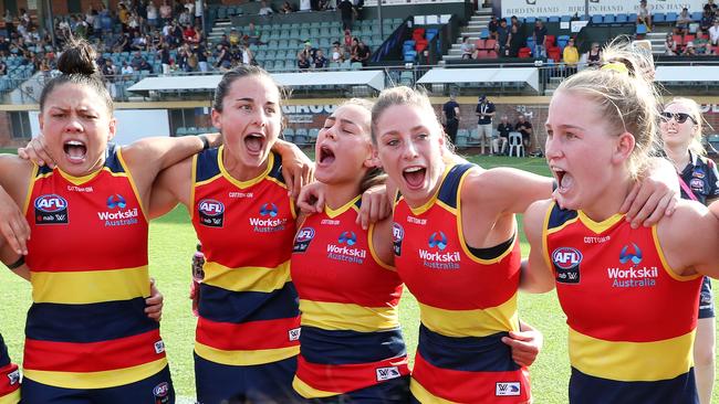 The Crows sing the song post-game after their win. Picture: Sarah Reed/Getty Images