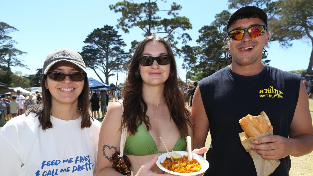 Maddy Galvin, Brigette Dalrymple and Ron Galvin at the Portarlington Mussel Festival. Picture: Mike Dugdale