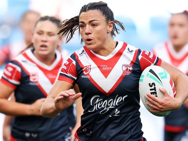 SYDNEY, AUSTRALIA - AUGUST 26:  Millie Boyle of the Roosters runs with the ball during the round six NRLW match between Sydney Roosters and Wests Tigers at Allianz Stadium, on August 26, 2023, in Sydney, Australia. (Photo by Matt King/Getty Images)