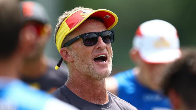 GOLD COAST, AUSTRALIA - FEBRUARY 27:  Head coach Damien Hardwick during a Gold Coast Suns AFL training session at Austworld Centre Oval on February 27, 2024 in Gold Coast, Australia. (Photo by Chris Hyde/Getty Images)