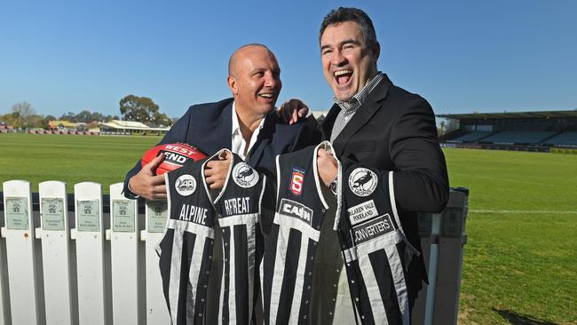 Port Adelaide greats George Fiacchi and Tim Ginever are hoping the Magpies break their 20-year SANFL premiership drought on Sunday. Picture: Tom Huntley