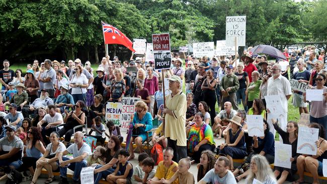 Anti-vaccination protesters marching and protesting in Cairns. Picture: Stewart McLean