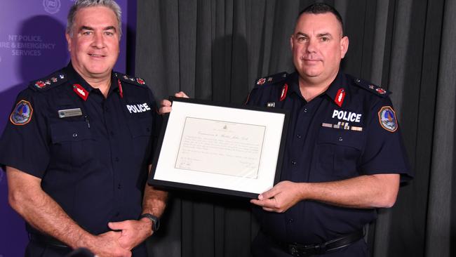 NT Police Commissioner Michael Murphy with newly appointed Deputy Commissioner Martin Dole. Picture: Alex Treacy