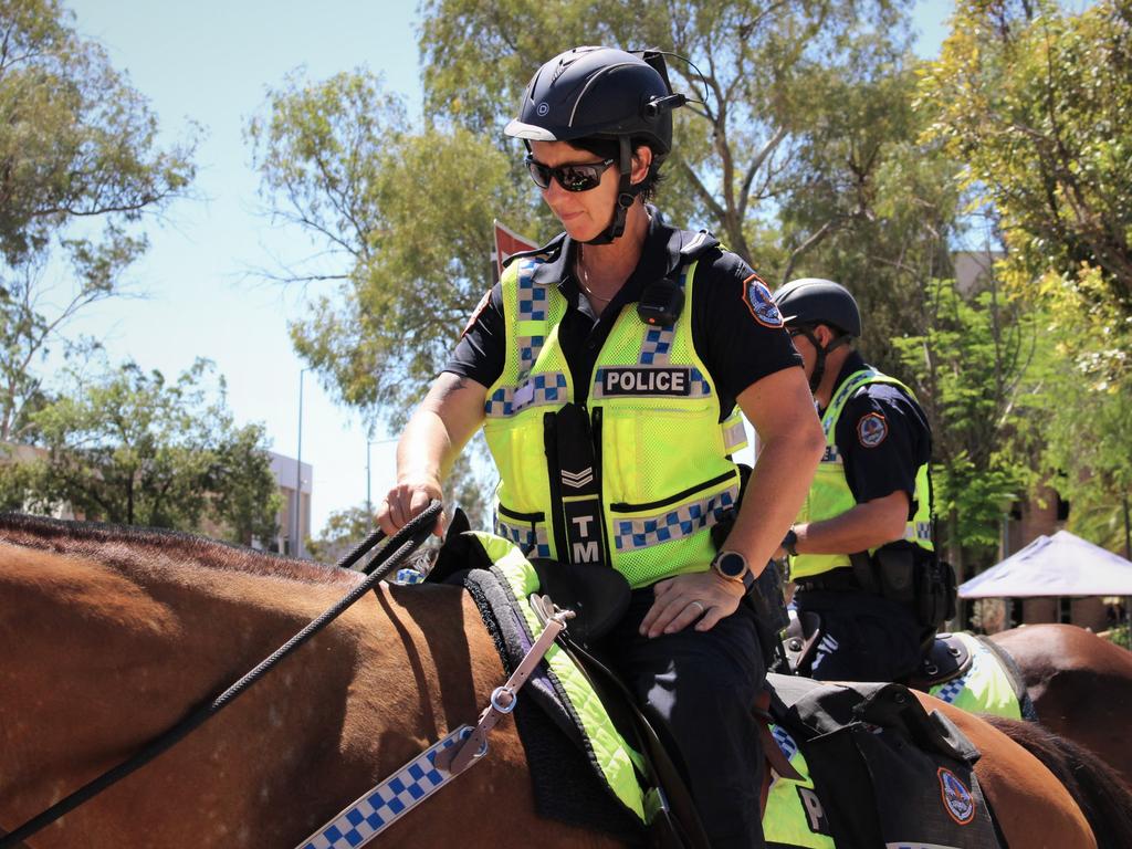 Police patrol the Todd Mall on horseback as part of Operation Drina, targeting crime and anti-social behaviour in Alice Springs. Picture: Jason Walls