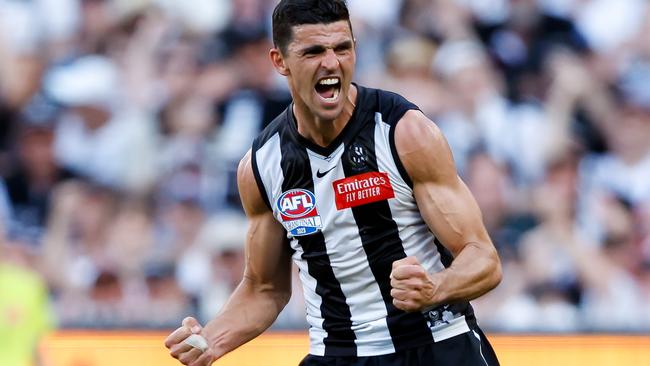 MELBOURNE, AUSTRALIA - SEPTEMBER 30: Scott Pendlebury of the Magpies celebrates a goal during the 2023 AFL Grand Final match between the Collingwood Magpies and the Brisbane Lions at the Melbourne Cricket Ground on September 30, 2023 in Melbourne, Australia. (Photo by Dylan Burns/AFL Photos via Getty Images)