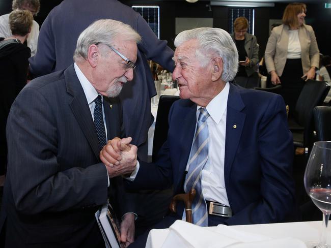 Chancellor of The Australian National University Gareth Evans and Former Prime Minister of Australia Bob Hawke at the National Press Club in Canberra. Picture: Gary Ramage