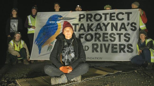 Protesters at a logging coupe in Tasmania's takayna / Tarkine region. Picture: BBF