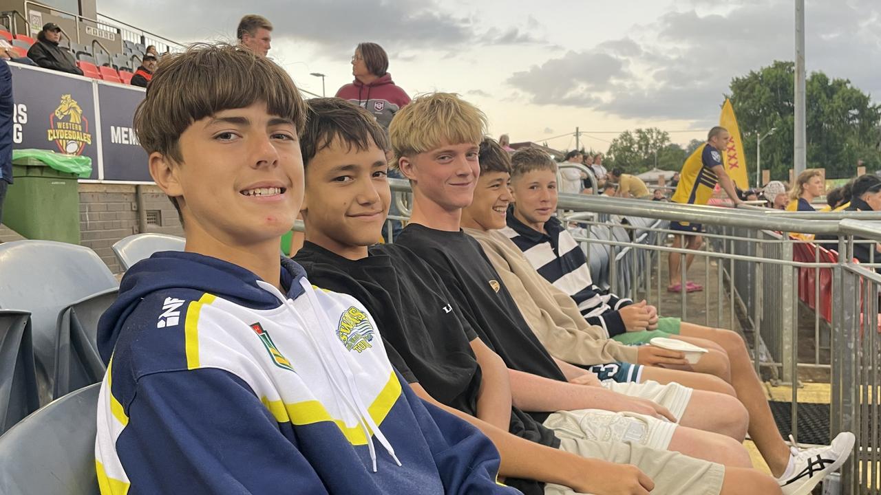 Travis Collins, Ryker Filewood, Kai Rush, Kody lowery and Jasper Filewood enjoying the Clydesdales Development Cup action.