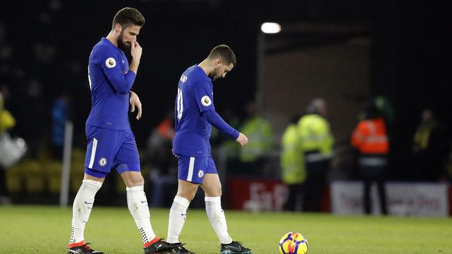 Chelsea's Olivier Giroud, left, and Chelsea's Eden Hazard look dejected after the loss to Watford