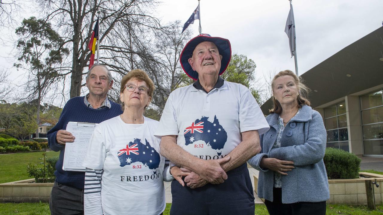 Hill residents Ian Bailey, Edna and John Tate and Leone Taylor are petitioning Adelaide Hills to bring back Australia Day events to January 26. Picture Mark Brake.