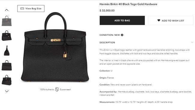 A Hermes Birkin as seen on a New York reseller website, Madison Avenue Couture.