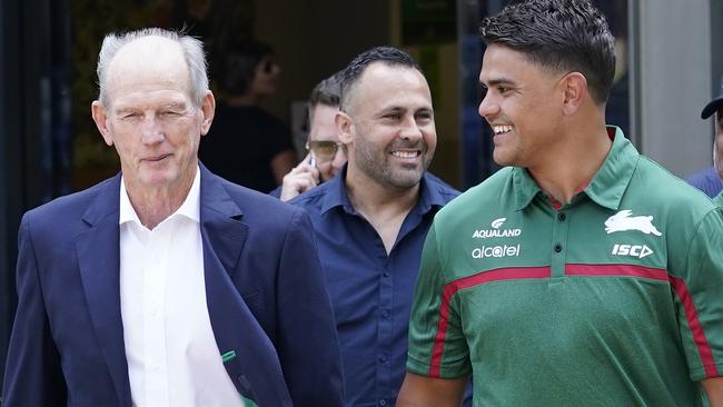 Coach Wayne Bennett with new signing Latrell Mitchell, who could be joined at the Rabbitohs this season by Jai Arrow. Picture: Getty Images