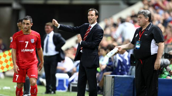 Aurelio Vidmar coaching Adelaide United in an Asian Champions League match against Sanfrecce Hiroshima.