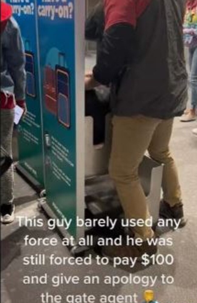 This passenger was reportedly fined even though his bag fit in the size checker. Picture: TikTok.com/cubsracingsociety
