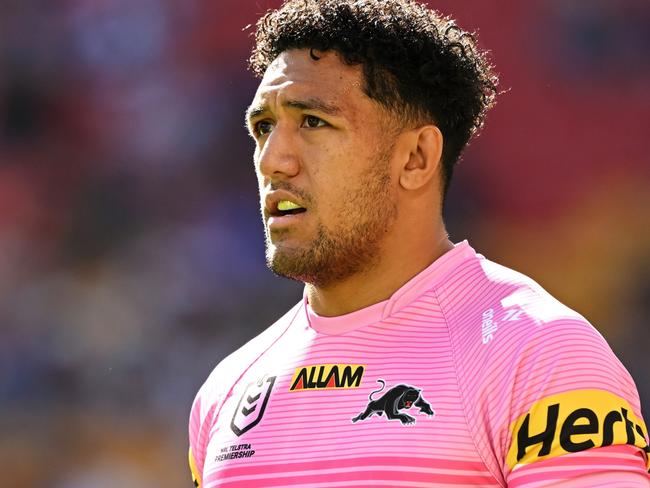 BRISBANE, AUSTRALIA - MAY 19: Paul Alamoti of the Panthers looks on during the round 11 NRL match between New Zealand Warriors and Penrith Panthers at Suncorp Stadium, on May 19, 2024, in Brisbane, Australia. (Photo by Bradley Kanaris/Getty Images)