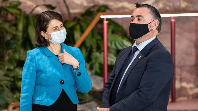 NSW Premier Gladys Berejiklian and NSW Deputy Premier John Barilaro speaking after a COVID-19 update on Thursday. Picture: NCA NewsWire / James Gourley