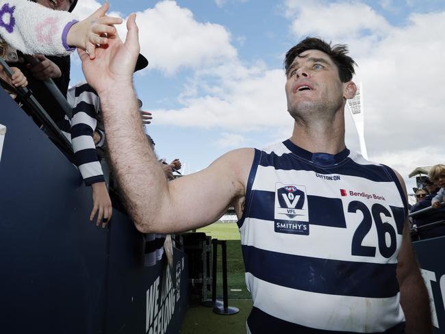 NCA. MELBOURNE, AUSTRALIA. September 4 , 2024. VFL  Semi final. Geelong vs Southport Sharks at GMHBA Stadium .   Tom Hawkins of the Cats after the cats loss to Southport today   . Pic: Michael Klein