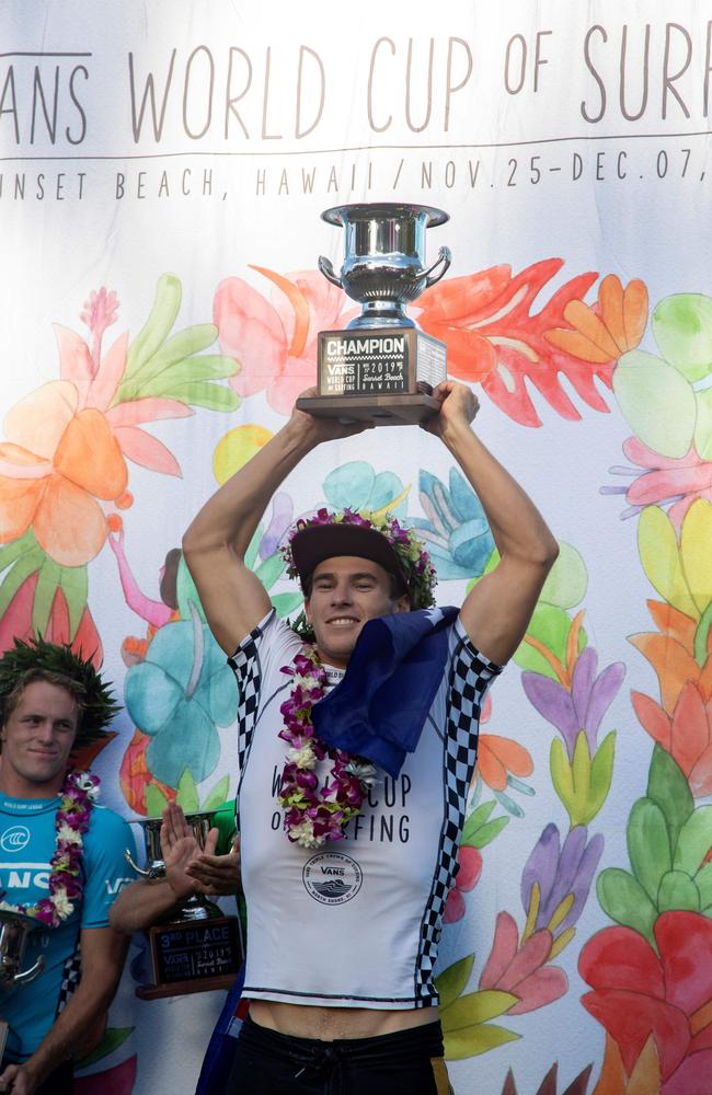 Australia's Jack Robinson celebrates after victory in the Sunset Beach Pro. (Photo by Brian Bielmann / AFP)